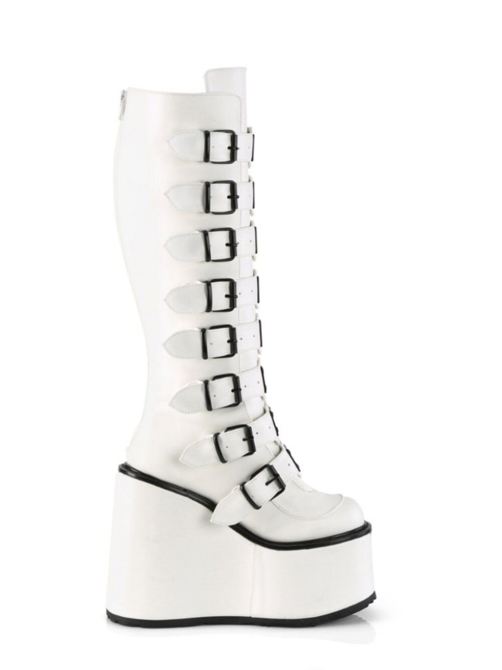 White Vegan Leather Knee High Boots with 8 Buckle Straps